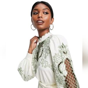 ASOS Cream Cotton Scalloped Collar Blouse Green Lattice Floral Embroidery size 8